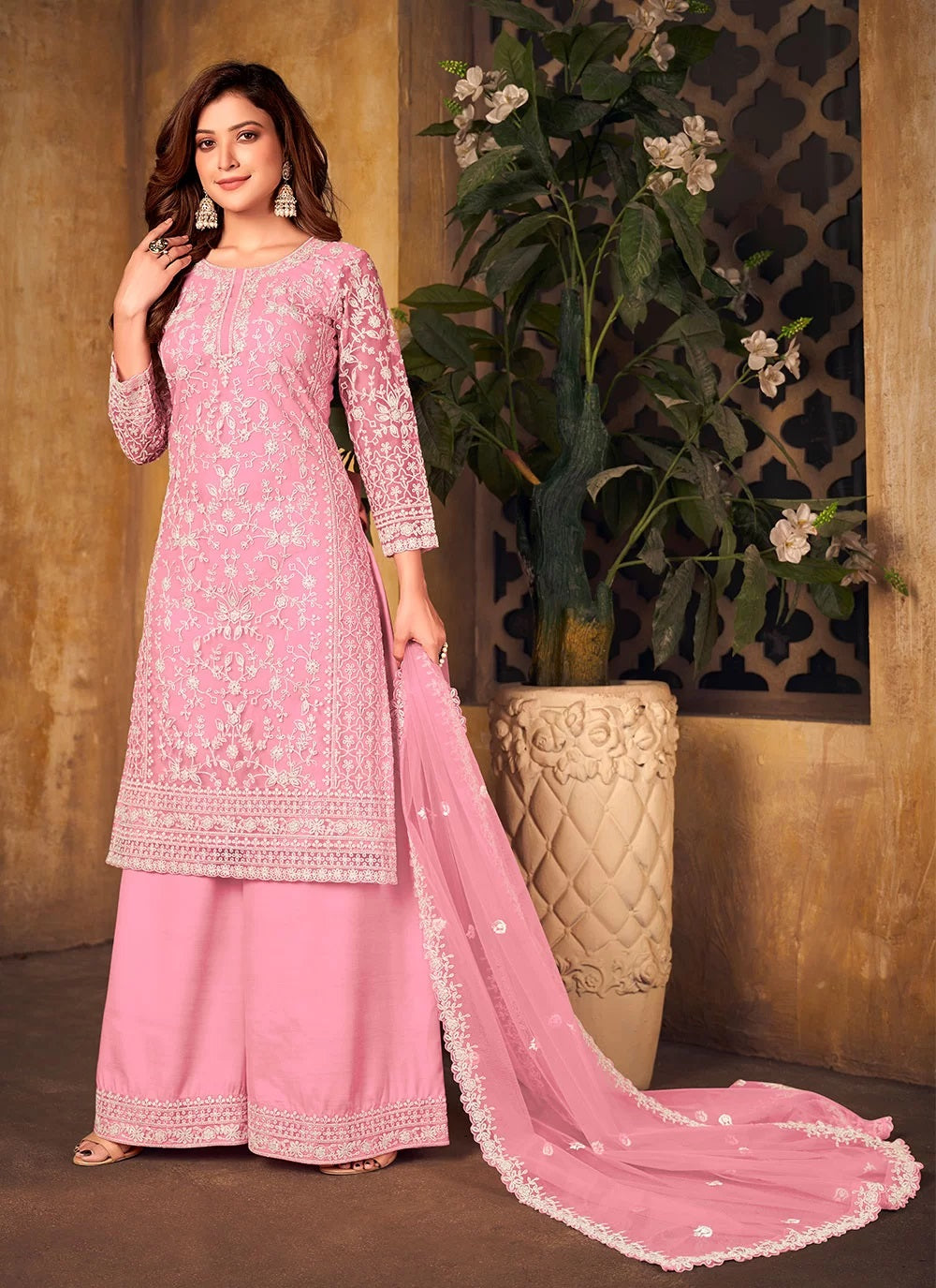 Pink Party Wear Net Designer Palazzo Dress