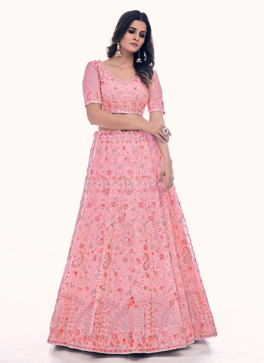 Pink Sequins Embroidered Net Lehenga