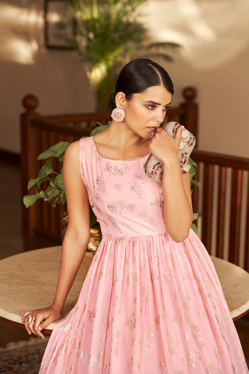 Pink Sleeveless Faux Georgette Designer Gown