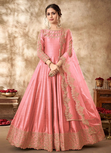 Pink Zari Art Silk Indian Anarkali Salwar Suit