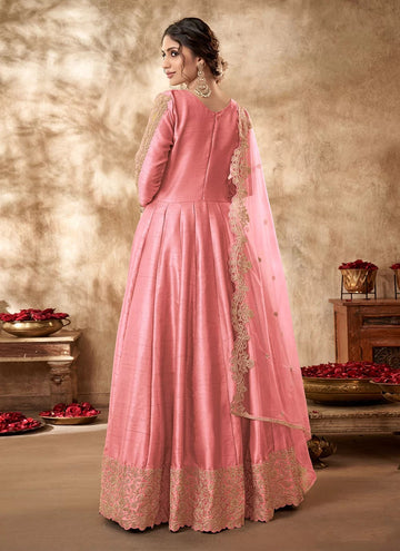 Pink Zari Art Silk Indian Anarkali Salwar Suit