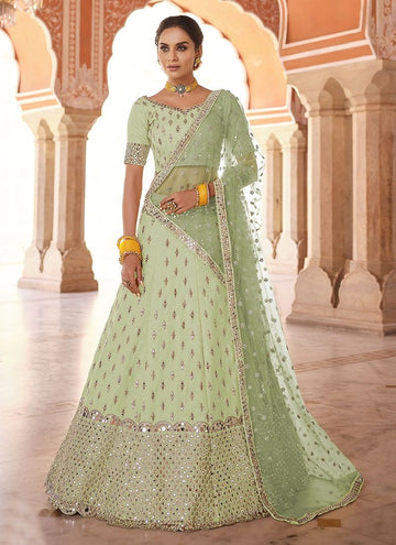 Pista Green Color Art Silk Base Lehenga With Real Mirror Work For Wedding