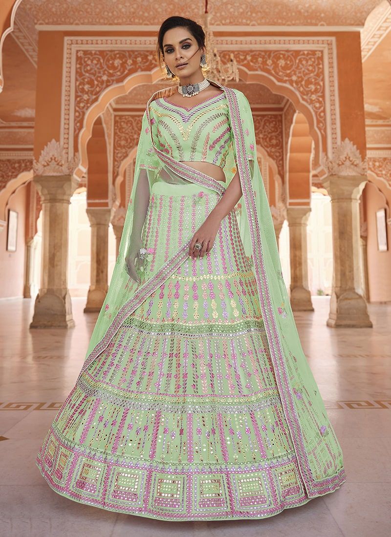 Pista Green Color Organza Fabric Lehenga With Resham And Gota Work