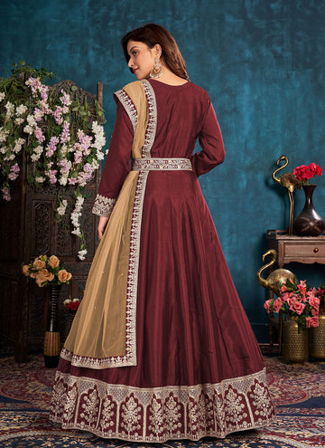 Art Silk Maroon Resham Work Floor Length Suit