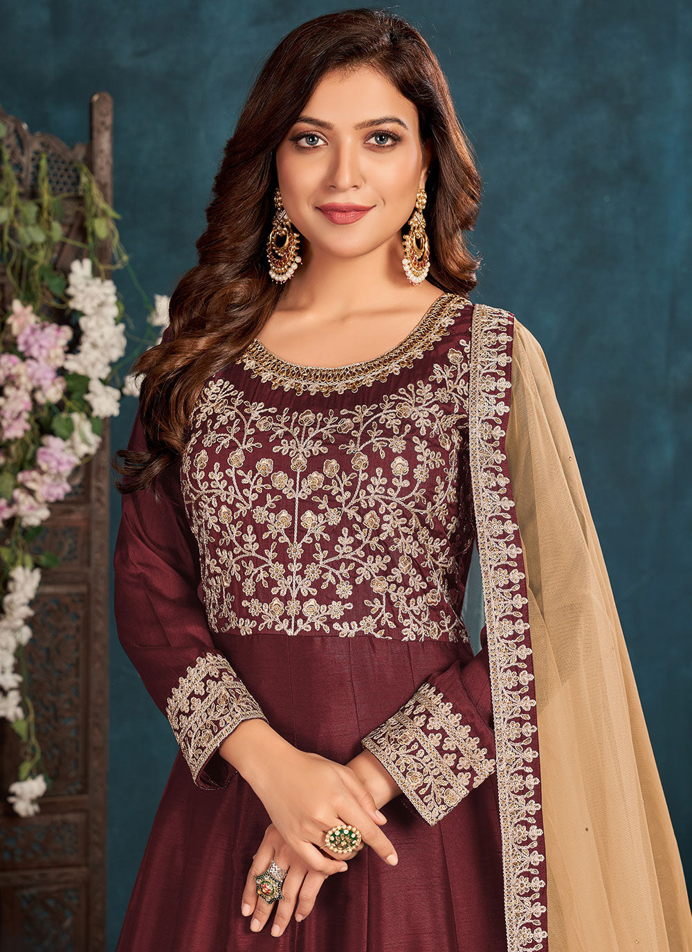 Art Silk Maroon Resham Work Floor Length Suit