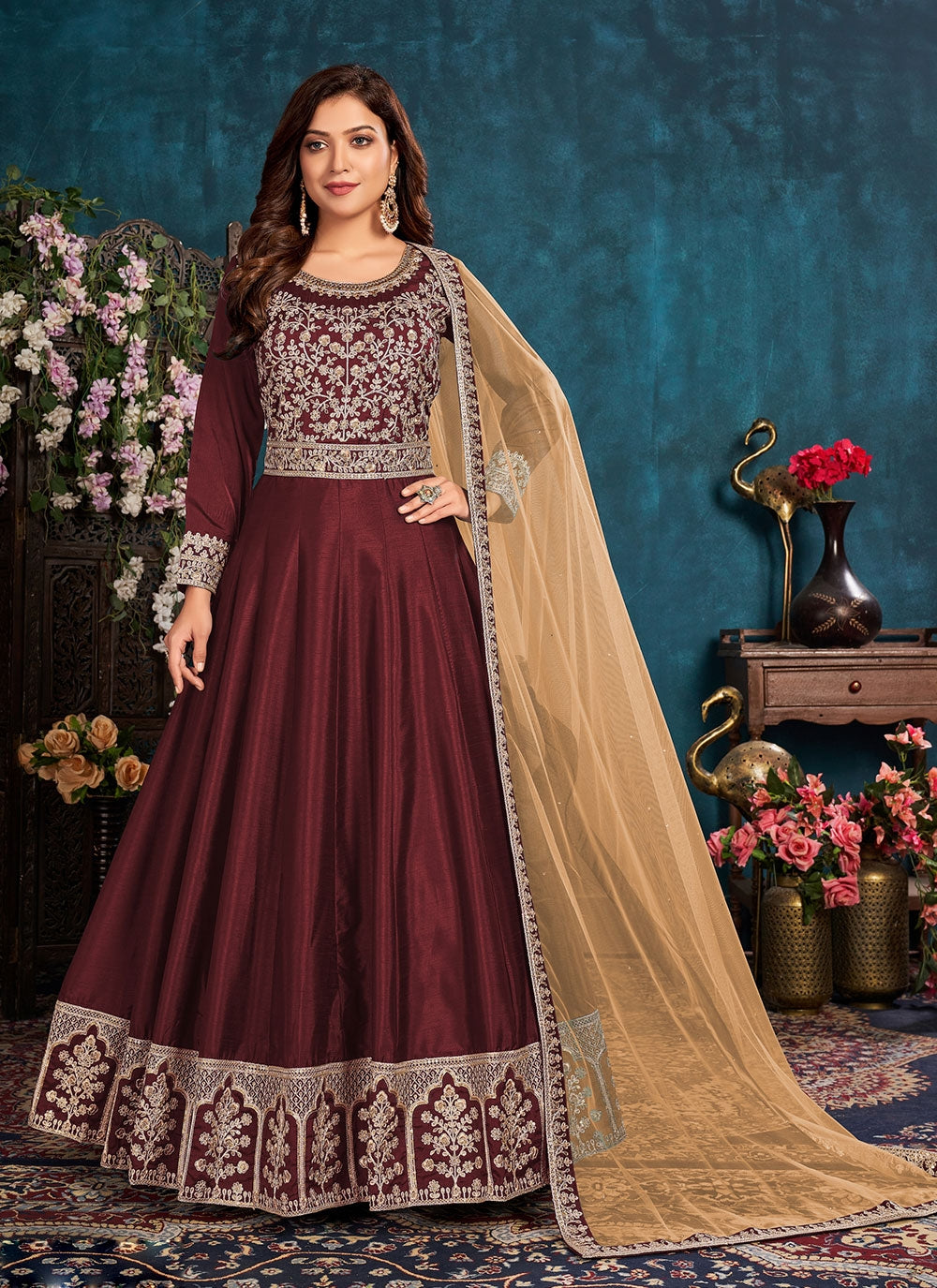 Art Silk Maroon Resham Work Floor Length Suit