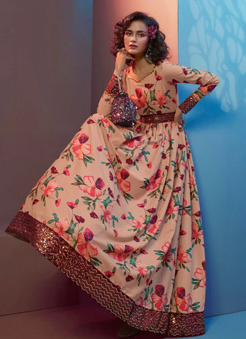 Printed Floor Length Embroidered Gown In Beige