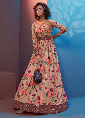 Printed Floor Length Embroidered Gown In Beige