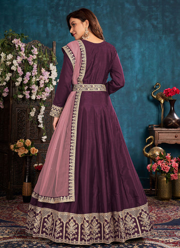 Art Silk Purple Color Floor Length Designer Suit
