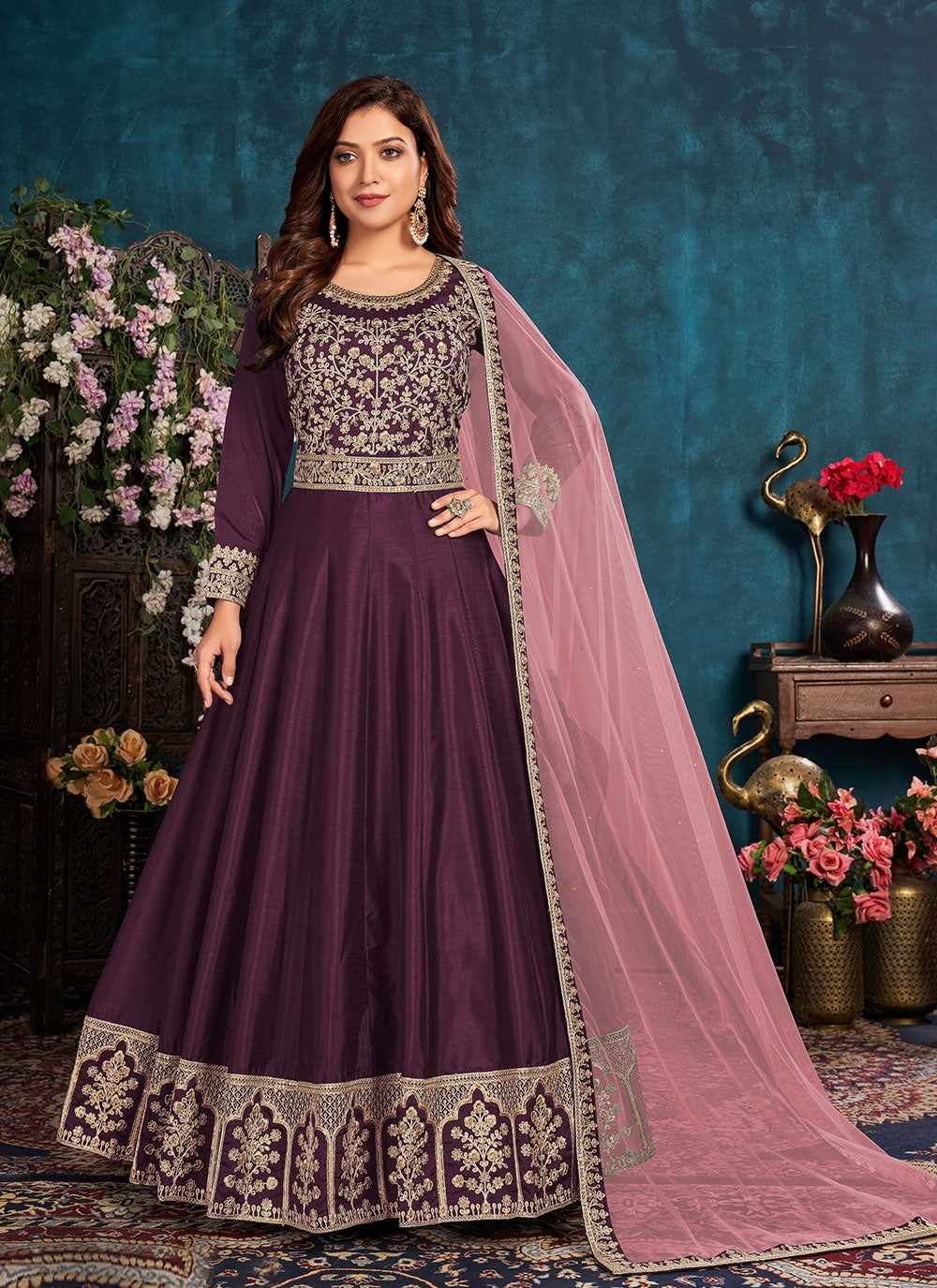 Art Silk Purple Color Floor Length Designer Suit