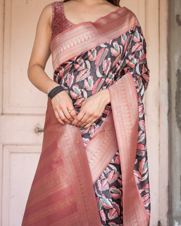 Black Banarasi Silk Saree with Bold Leaf Digital Print & Rosy Pink Zari Border