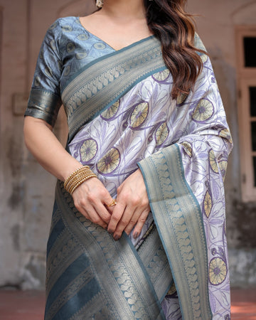 Sophisticated Lilac Banarasi Silk Saree with Floral Prints and Zari Tassel Border