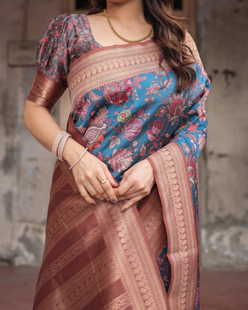 Teal Banarasi Silk Saree with Rust Zari Border and Floral Motifs