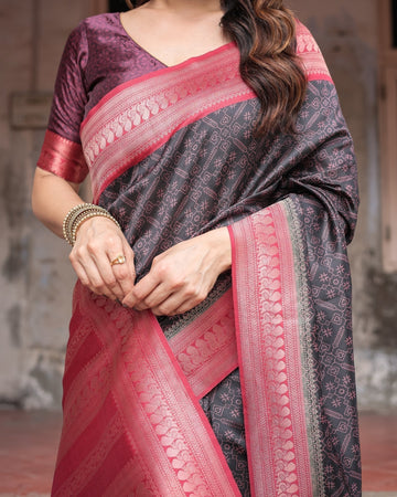 Black Banarasi Silk Saree with Intricate Pink Zari Border & Traditional Motifs