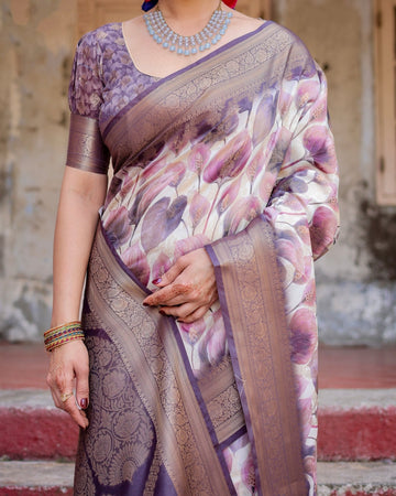 Elegant Purple Floral Banarasi Silk Saree with Intricate Zari Weave and Tassels