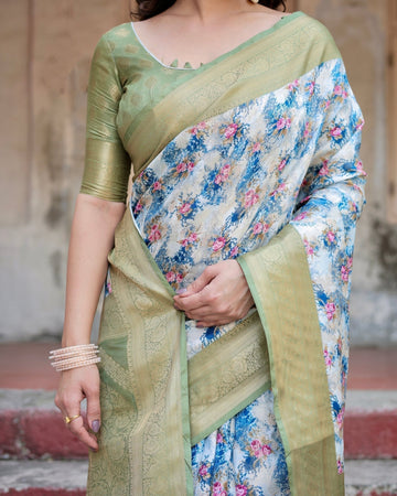 Blue and Green Floral Digital Print Banarasi Silk Saree with Zari Weave and Tassel-Embellished Pallu