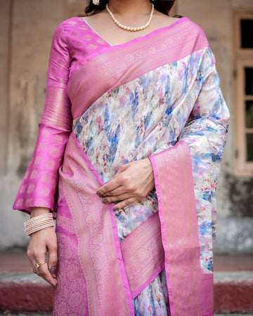 White and Pink Floral Digital Print Banarasi Silk Saree with Zari Weave and Tassel-Embellished Pallu