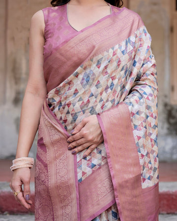 Beige and Pink Geometric Print Banarasi Silk Saree with Zari Weave and Tassel-Embellished Pallu