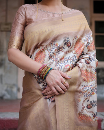 Elegant Beige Floral Banarasi Silk Saree with Zari Weave and Tassels