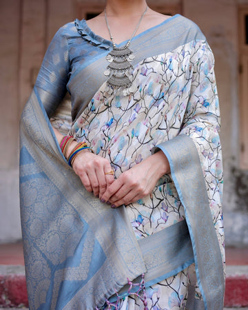 Elegant Light Blue Banarasi Silk Saree with Floral Design and Zari Weaved Pallu