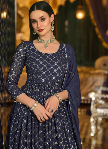 Pure Georgette Navy Blue Embroidered Skirt Style Anarkali