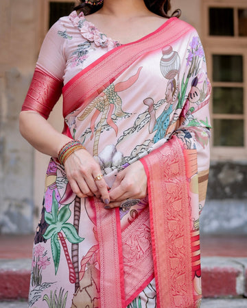 Blush Pink Digital Print Tussar Silk Saree with Vibrant Storyline Art