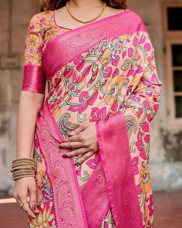 Peach and Fuchsia Floral Digital Print Tussar Silk Saree with Zari Border and Paisley Pallu