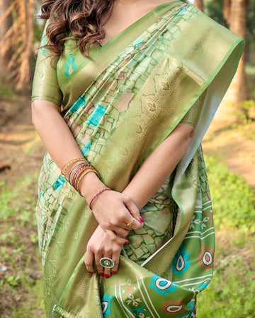 Elegant Light Green Tussar Silk Saree with Zari Motif Border and Contemporary Checkered Pallu Design
