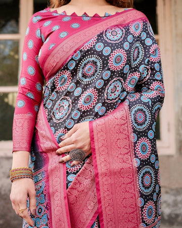 Black and Coral Tussar Silk Saree with Intricate Circular Motifs and Ornamental Pallu