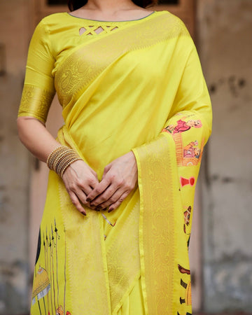 Vibrant Yellow Tussar Silk Saree with Royal Procession Pallu and Zari Accents