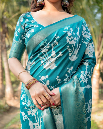 Teal Blue Tussar Silk Saree with White Floral Design, Gold Zari Border & Tassel Pallu