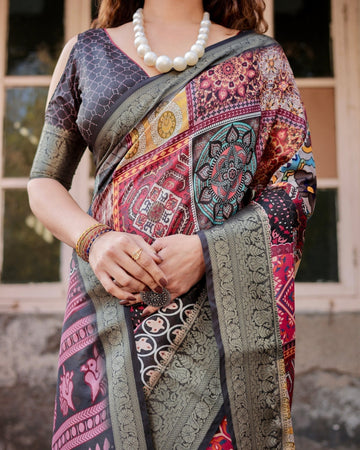 Multicolor Tussar Silk Saree with Ornamental Patchwork and Olive Zari Border