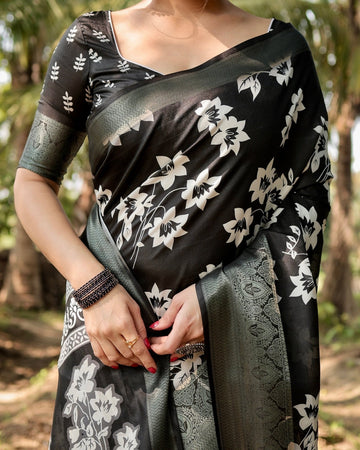 Elegant Black Tussar Silk Saree with Zari Embellished Border and Bold Floral Pallu