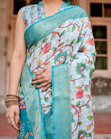Sky Blue Tussar Silk Saree with Multicolor Floral Design and Zari Paisley Border