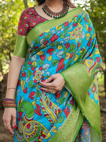 Vibrant Peacock Motif Blue and Green Tussar Silk Saree with Zari Border