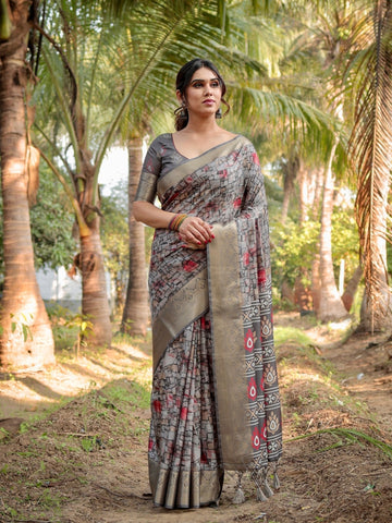 Stunning Grey Tussar Silk Saree with Golden Zari Border and Mosaic-Inspired Pallu Design
