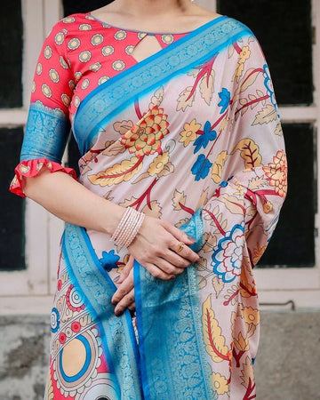 Beige and Red Tussar Silk Saree with Divine Motifs and Floral Zari Border