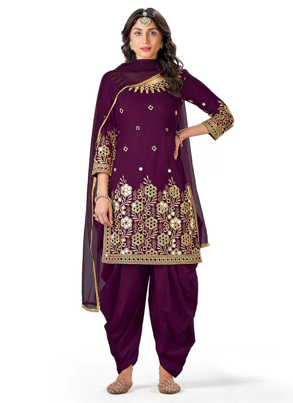 Purple Embroidered Silk Punjabi Salwar Suit