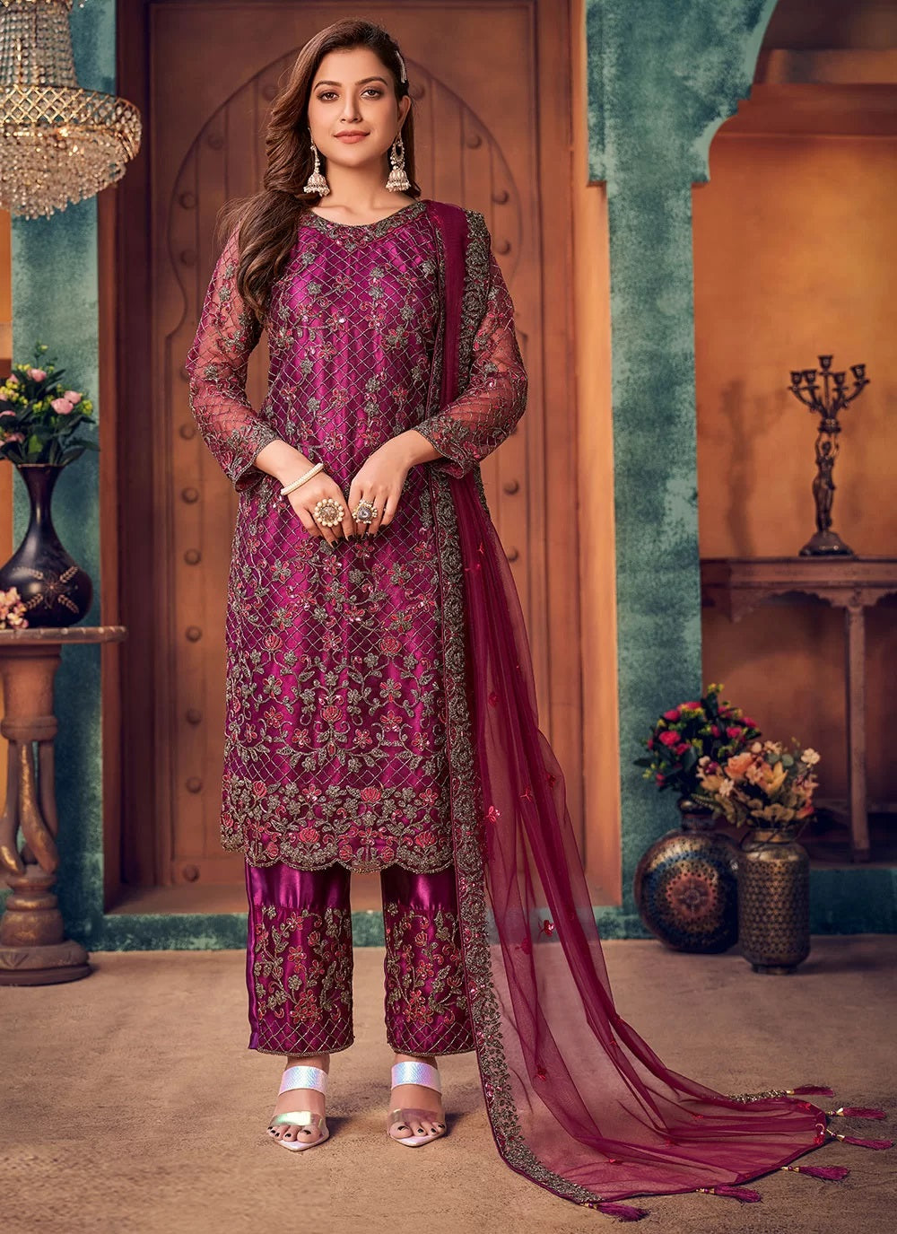 Purple Net Pakistani Salwar Kameez