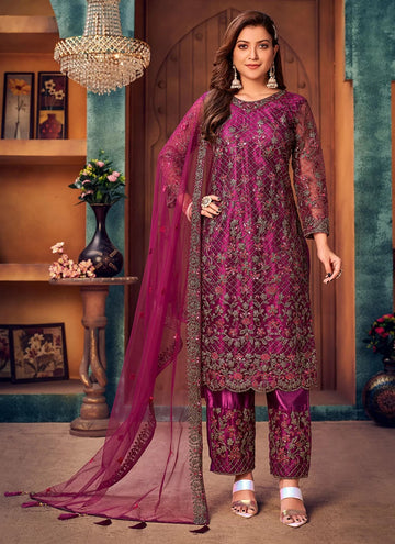 Purple Net Pakistani Salwar Kameez