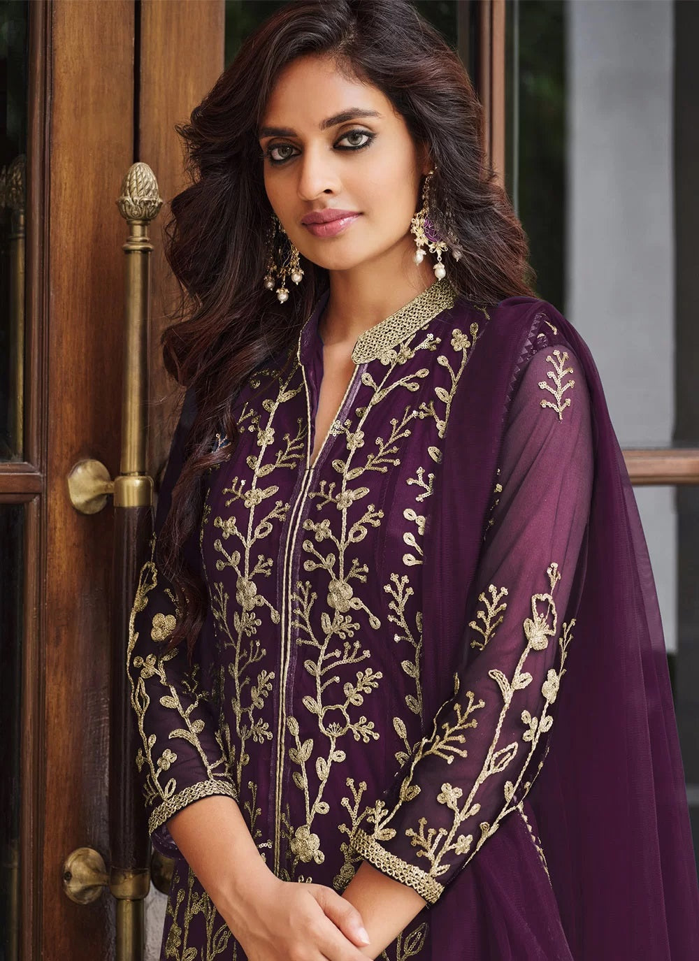 Purple Net Sequence Embroidery Indian Suit