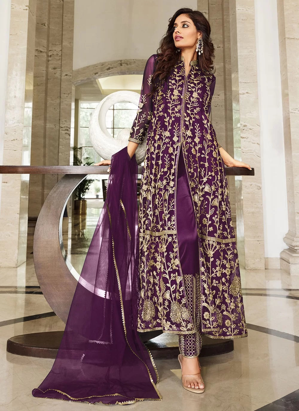 Purple Net Sequence Embroidery Indian Suit