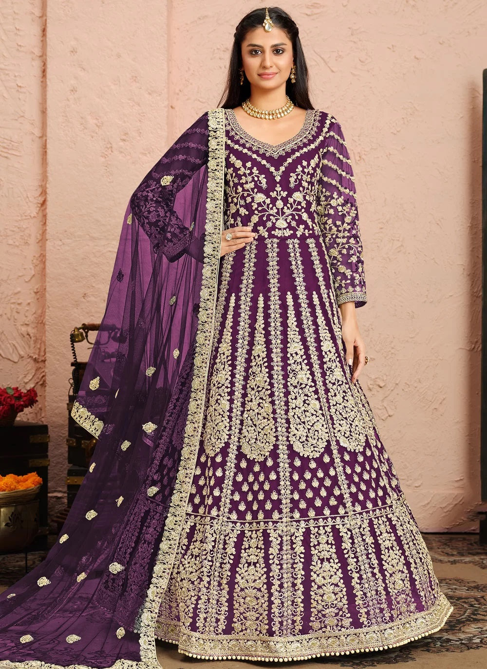 Purple Net Wedding Floor Length Anarkali Suit