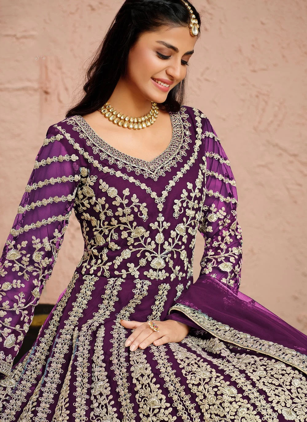 Purple Net Wedding Floor Length Anarkali Suit