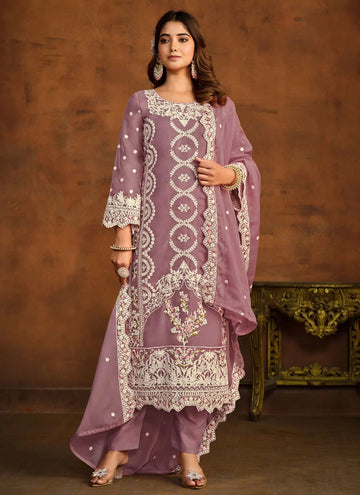 Purple Organza Indian Embroidered Work Salwar Suit