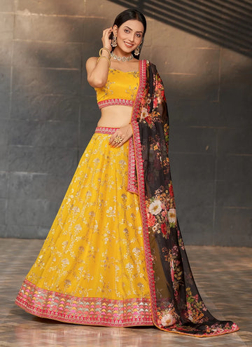 Yellow Georgette Sequins and Digital Printed Indian Lehenga