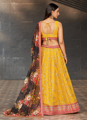 Yellow Georgette Sequins and Digital Printed Indian Lehenga