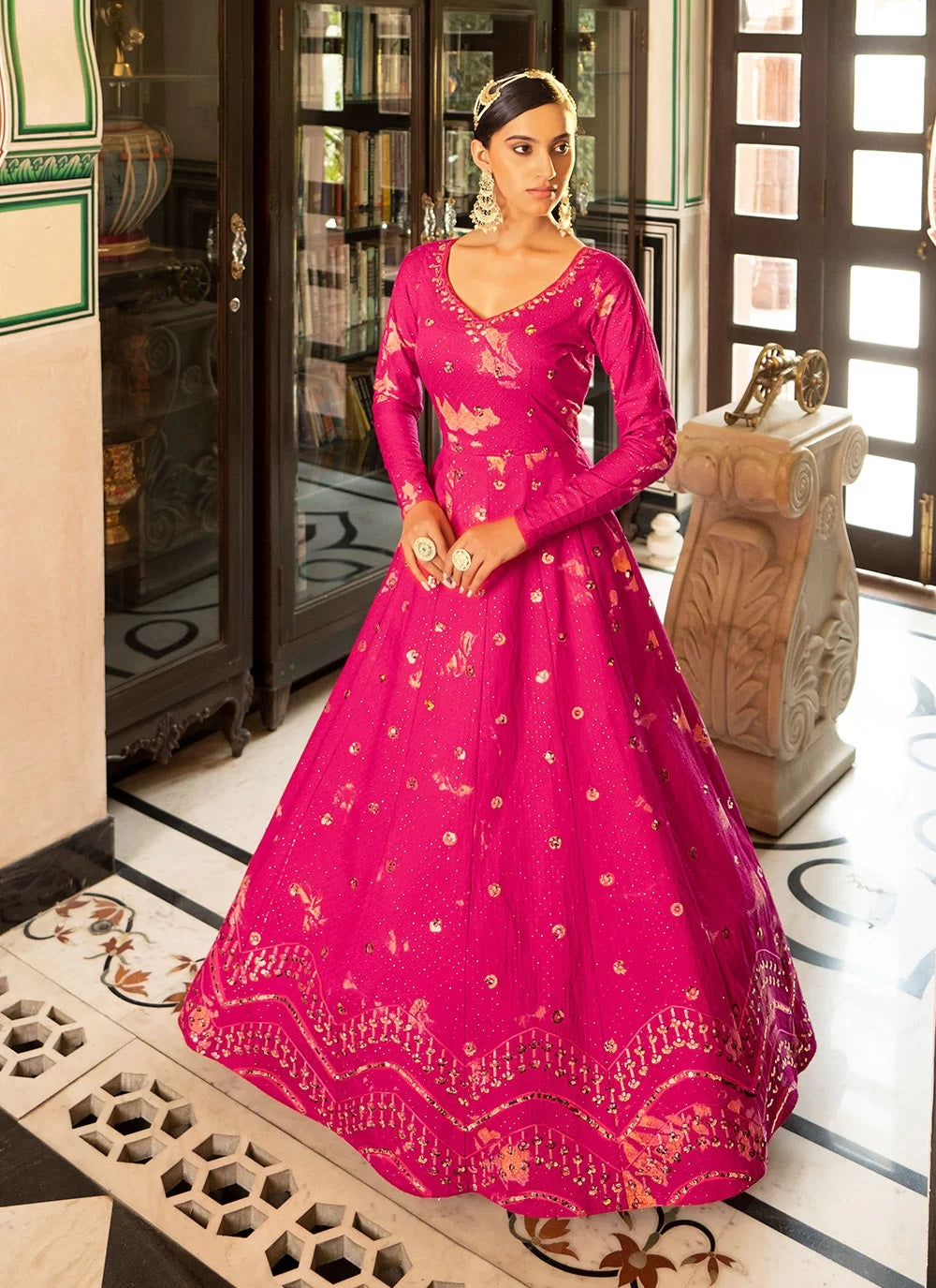 Gown : Pink georgette gown with heavy embroidery work koti ...