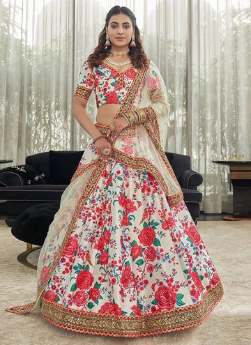 Red And White Art Silk Indian Engagement Lehenga