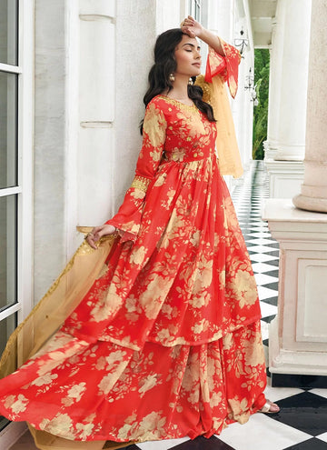 Red Faux Georgette Sharara Style Salwar Suit